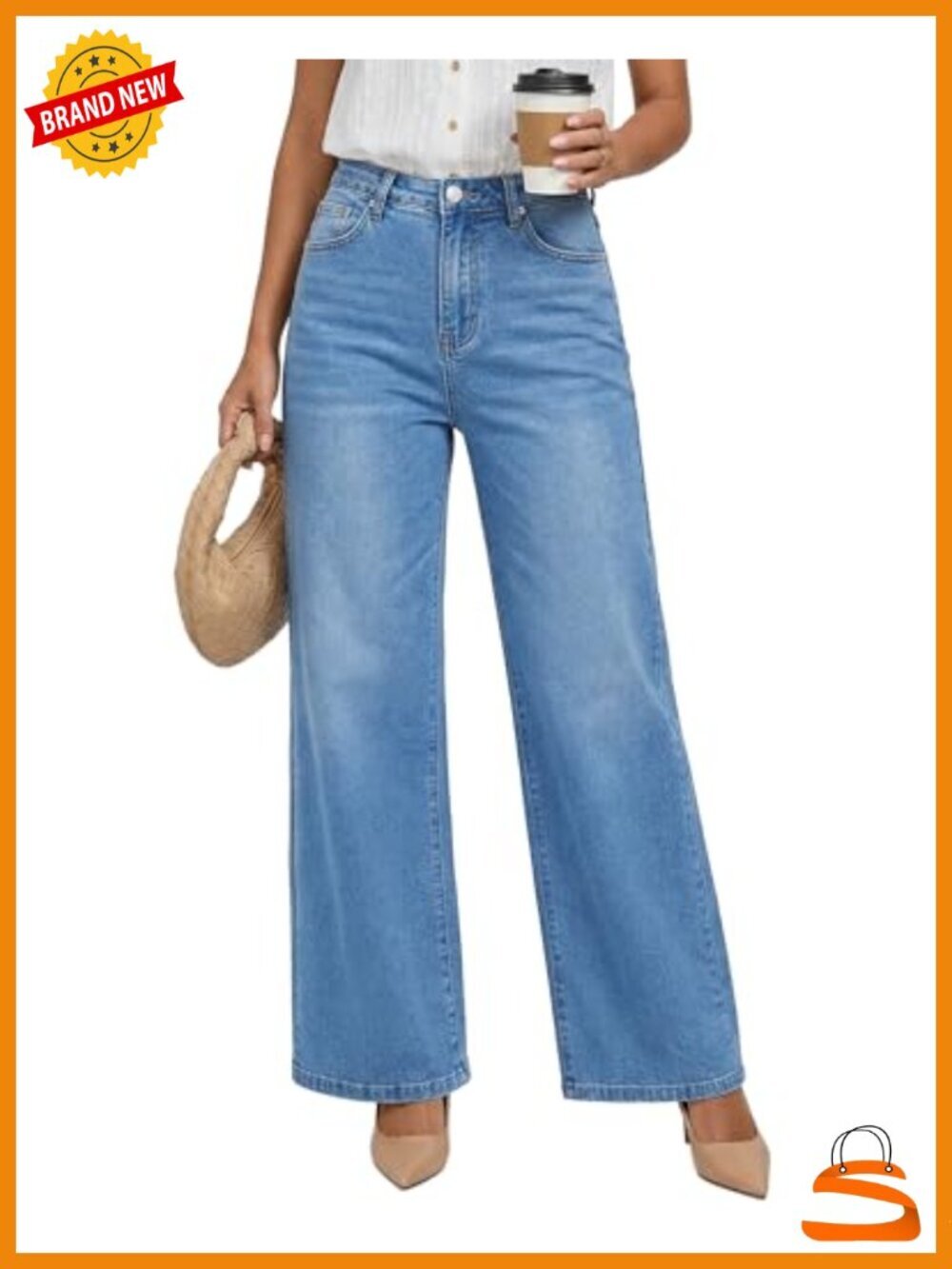 High Waisted Wide Leg Stretchy Denim Jeans with Pockets
